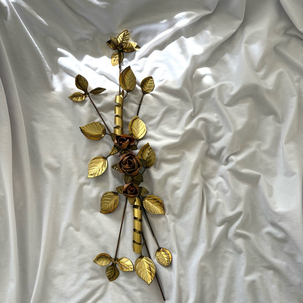 Vintage brass copper metal flower rose leaf wall decor home glam baroque mcm